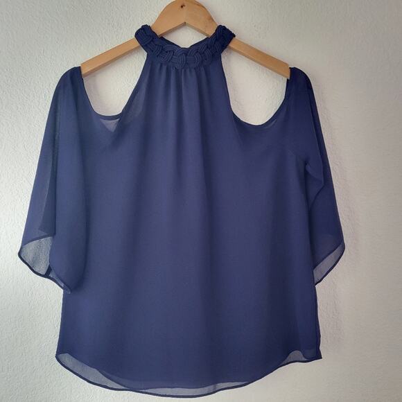 Naked Zebra Cold Shoulder Navy Blue Braided Neckline Top / Blouse Size Small - Picture 1 of 8